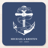 Verankerd in Liefde Nautisch Blauw Anker Bruiloft Kartonnen Onderzetters (Voorkant)