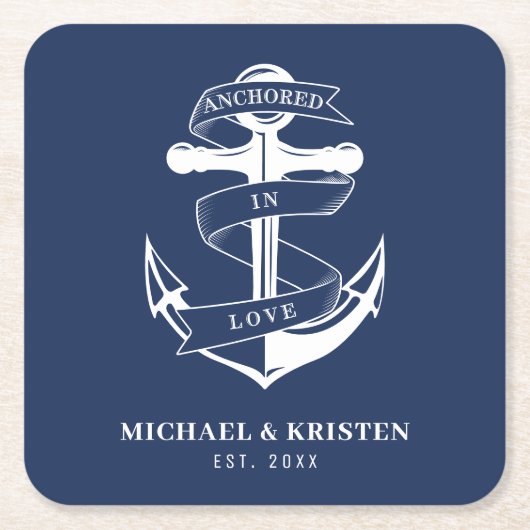 Verankerd in Liefde Nautisch Blauw Anker Bruiloft Kartonnen Onderzetters (Voorkant)