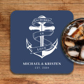 Verankerd in Liefde Nautisch Blauw Anker Bruiloft Kartonnen Onderzetters