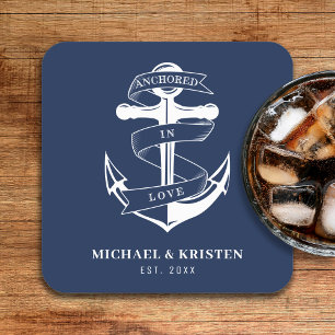 Verankerd in Liefde Nautisch Blauw Anker Bruiloft Kartonnen Onderzetters