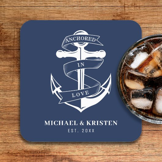 Verankerd in Liefde Nautisch Blauw Anker Bruiloft Kartonnen Onderzetters