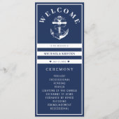 Verankerd in Liefde Nautisch Blauw Anker Bruiloft Programmakaart (Voorkant)