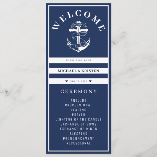 Verankerd in Liefde Nautisch Blauw Anker Bruiloft Programmakaart (Voorkant)