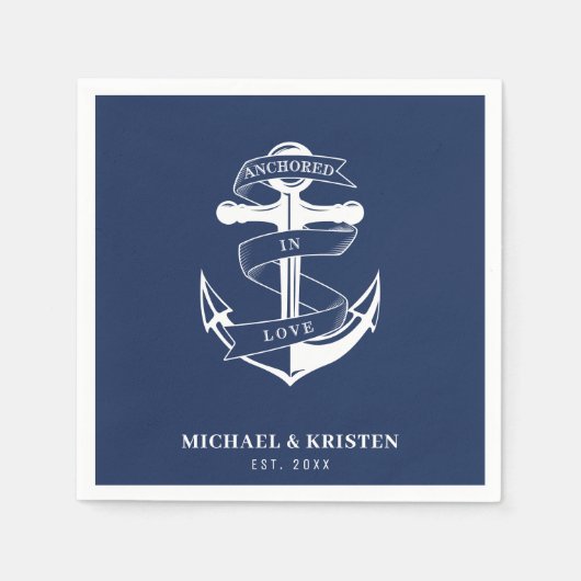Verankerd in Liefde Nautisch Blauw Anker Bruiloft Servet (Voorkant)