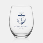 Verankerd in Liefde Nautisch Blauw Anker Bruiloft Wijnglas Zonder Voet (Voorkant)