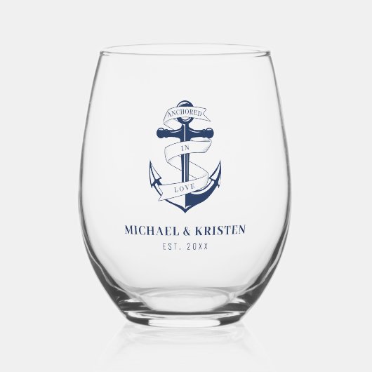 Verankerd in Liefde Nautisch Blauw Anker Bruiloft Wijnglas Zonder Voet (Voorkant)