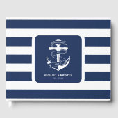 Verankerd in liefde nautisch blauw anker gestreept gastenboek (Voorkant)