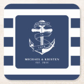 Verankerd in liefde nautisch blauw anker gestreept kartonnen onderzetters (Voorkant)