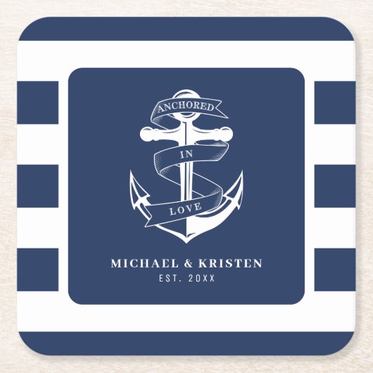 Verankerd in liefde nautisch blauw anker gestreept kartonnen onderzetters (Voorkant)