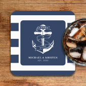Verankerd in liefde nautisch blauw anker gestreept kartonnen onderzetters