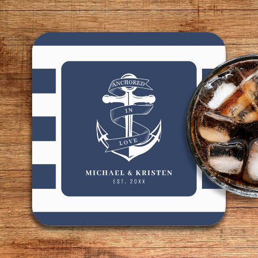 Verankerd in liefde nautisch blauw anker gestreept kartonnen onderzetters
