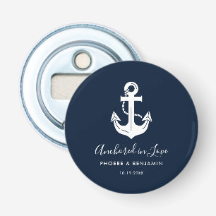 Verankerd in liefde Nautisch gepersonaliseerd huwe Button Flesopener