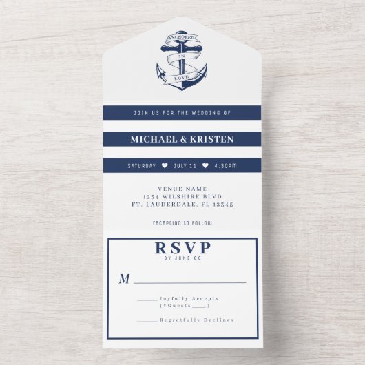 Verankerd in Liefde Wit & Blauw Anker Bruiloft All In One Uitnodiging (Binnen)