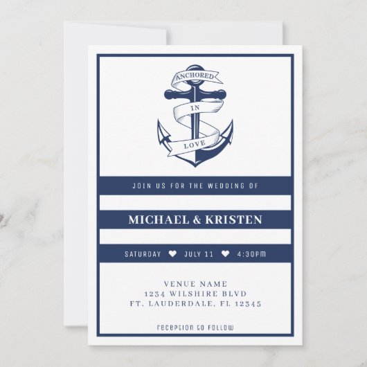 Verankerd in Liefde Wit & Blauw Anker Bruiloft Kaart (Voorkant)