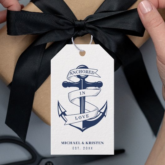 Verankerd in Liefde Wit Nautisch Anker Bruiloft Cadeaulabel