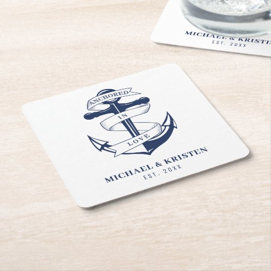Verankerd in Liefde Wit Nautisch Anker Bruiloft Kartonnen Onderzetters (Schuin)