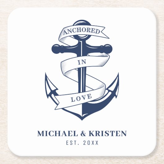 Verankerd in Liefde Wit Nautisch Anker Bruiloft Kartonnen Onderzetters (Voorkant)