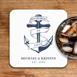Verankerd in Liefde Wit Nautisch Anker Bruiloft Kartonnen Onderzetters