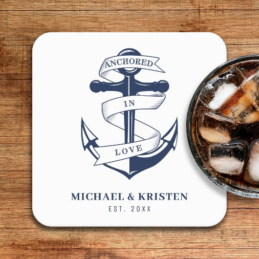 Verankerd in Liefde Wit Nautisch Anker Bruiloft Kartonnen Onderzetters
