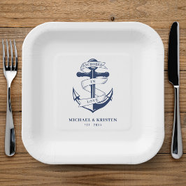 Verankerd in Liefde Wit Nautisch Anker Bruiloft Papieren Bordje