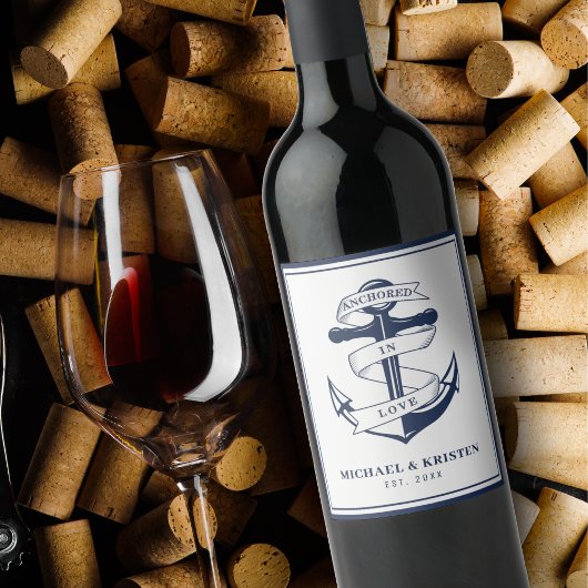 Verankerd in Liefde Wit Nautisch Anker Bruiloft Wijn Etiket
