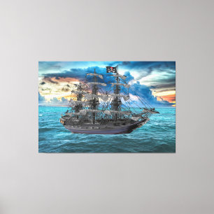 VERANKERD PIRATENSCHIP BIJ ZONSONDERGANG CANVAS AFDRUK