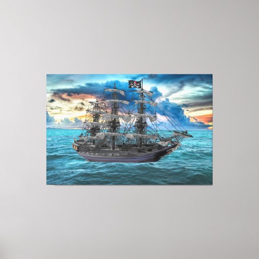 VERANKERD PIRATENSCHIP BIJ ZONSONDERGANG CANVAS AFDRUK (Voorkant)