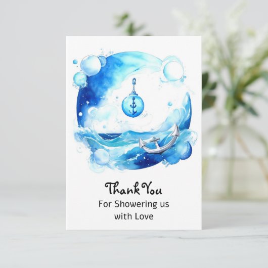 Verankerde liefde nautische jongen Baby shower Bedankkaart (Staand voorkant)