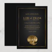 Verankerde Nautical Wedding Seashell | zwart en go Kaart (Voorkant / Achterkant)