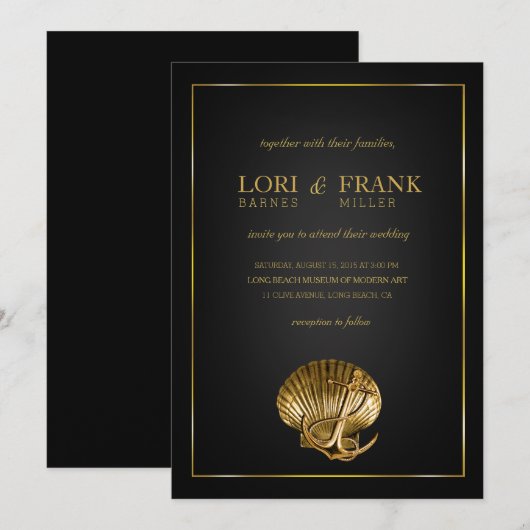 Verankerde Nautical Wedding Seashell | zwart en go Kaart (Voorkant / Achterkant)