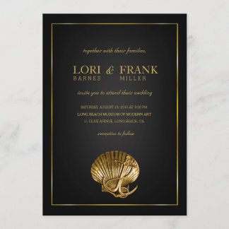 Verankerde Nautical Wedding Seashell | zwart en go Kaart