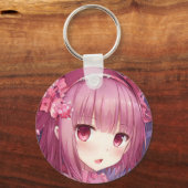 Verbaasd magenta roze haar ogen anime meisje rozen sleutelhanger (Voorkant)