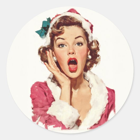 Verbaasd Retro Kerst Pin-Up Ronde Sticker (Voorkant)