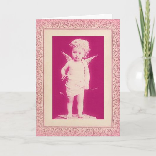 Verbaasde Cherub Roze Vintage Valentijnsdag Kaart (Voorkant)