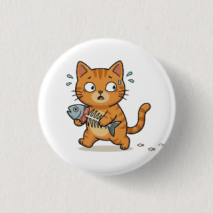Verbaasde kat die visknop vas houdt ronde button 3,2 cm