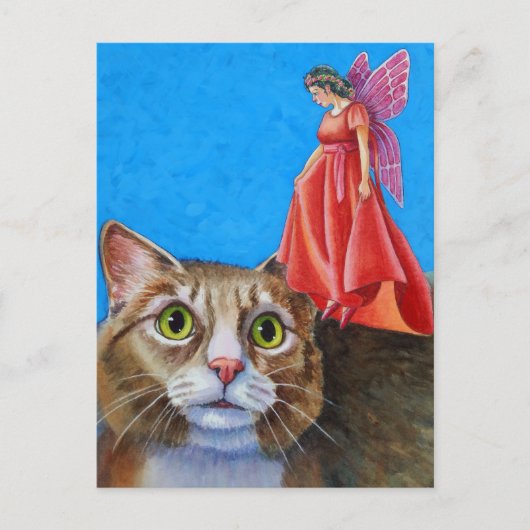 Verbaasde Kat met Rode Fee Briefkaart (Voorkant)