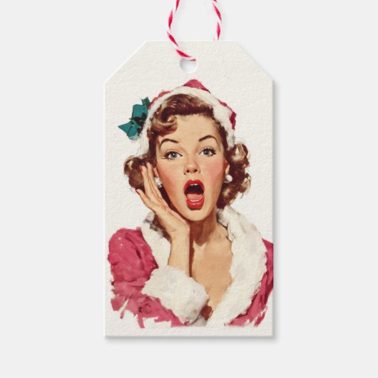 Verbaasde Retro Kerst Pin-Up Cadeaulabel (Voorkant)