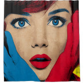 Verbaasde vrouw in popart douchegordijn (Voorkant)