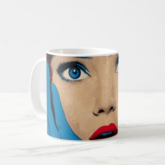Verbaasde vrouw in popart koffiemok (Voorkant links)