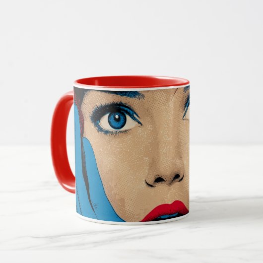 Verbaasde vrouw in popart mok (Voorkant links)