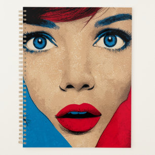 Verbaasde vrouw in popart planner