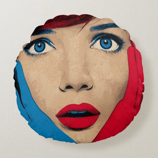 Verbaasde vrouw in popart rond kussen (Voorkant)