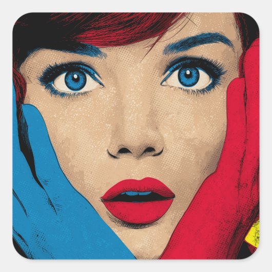 Verbaasde vrouw in popart vierkante sticker (Voorkant)