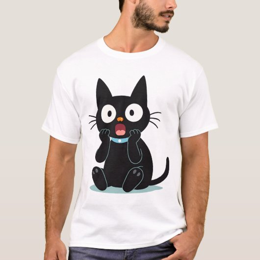 Verbaasde Zwarte Cartoon Kat T-shirt (Voorkant)