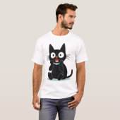 Verbaasde Zwarte Cartoon Kat T-shirt (Voorkant volledig)