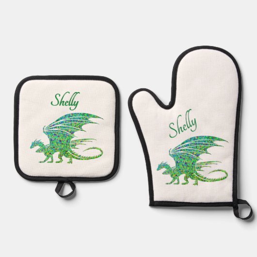 Verbazingwekkend mozaïek groene draak persoonlijk ovenwant & pannenlap set (Voorkant)