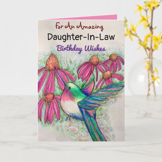 Verbazingwekkende dochter-in-law verjaardag kolibr kaart (Gele Bloem)