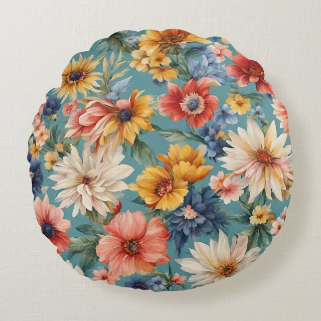 Verbazingwekkende Elegante Zomerbloemen Rond Kussen (Voorkant)