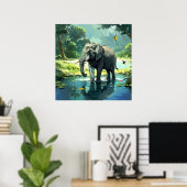 Verbazingwekkende olifant in rivier met vogels sch poster (Thuiskantoor)