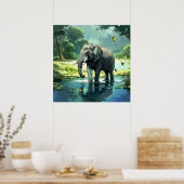 Verbazingwekkende olifant in rivier met vogels sch poster (Keuken)
